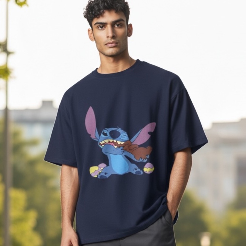 Navy Blue Graphic Tee with Fun Character Design- Stitch Easter Shirt - Picture 2 of 4